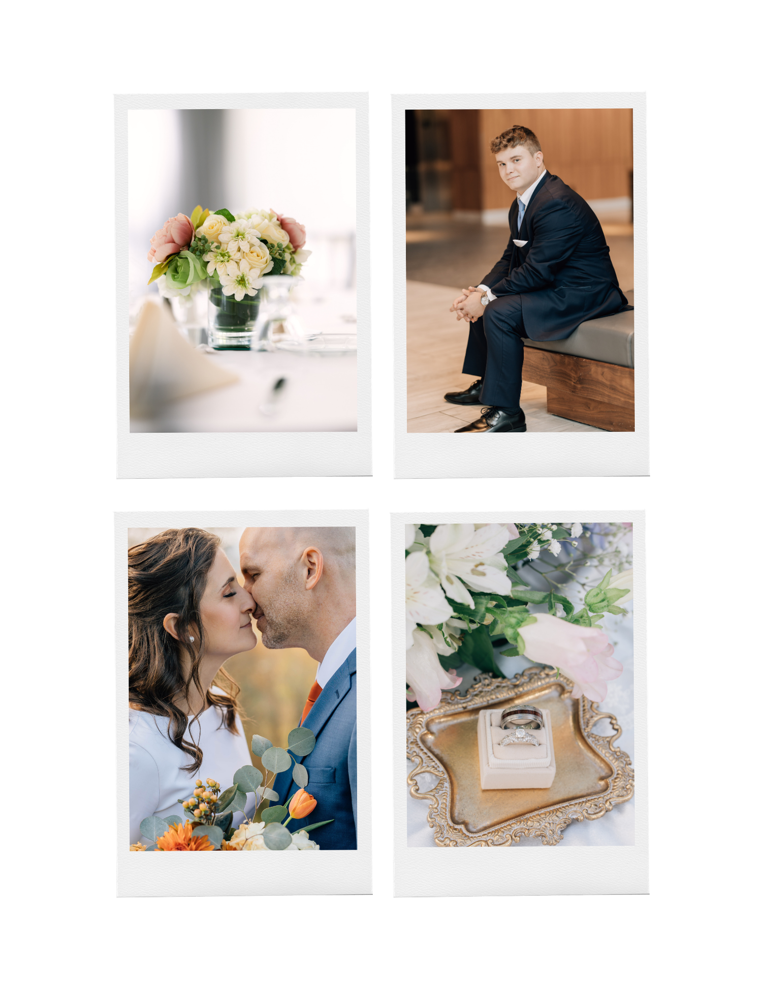 Four Polaroid-style wedding photos featuring floral arrangements, a dapper groom, a couple kissing, and elegant ring details.
