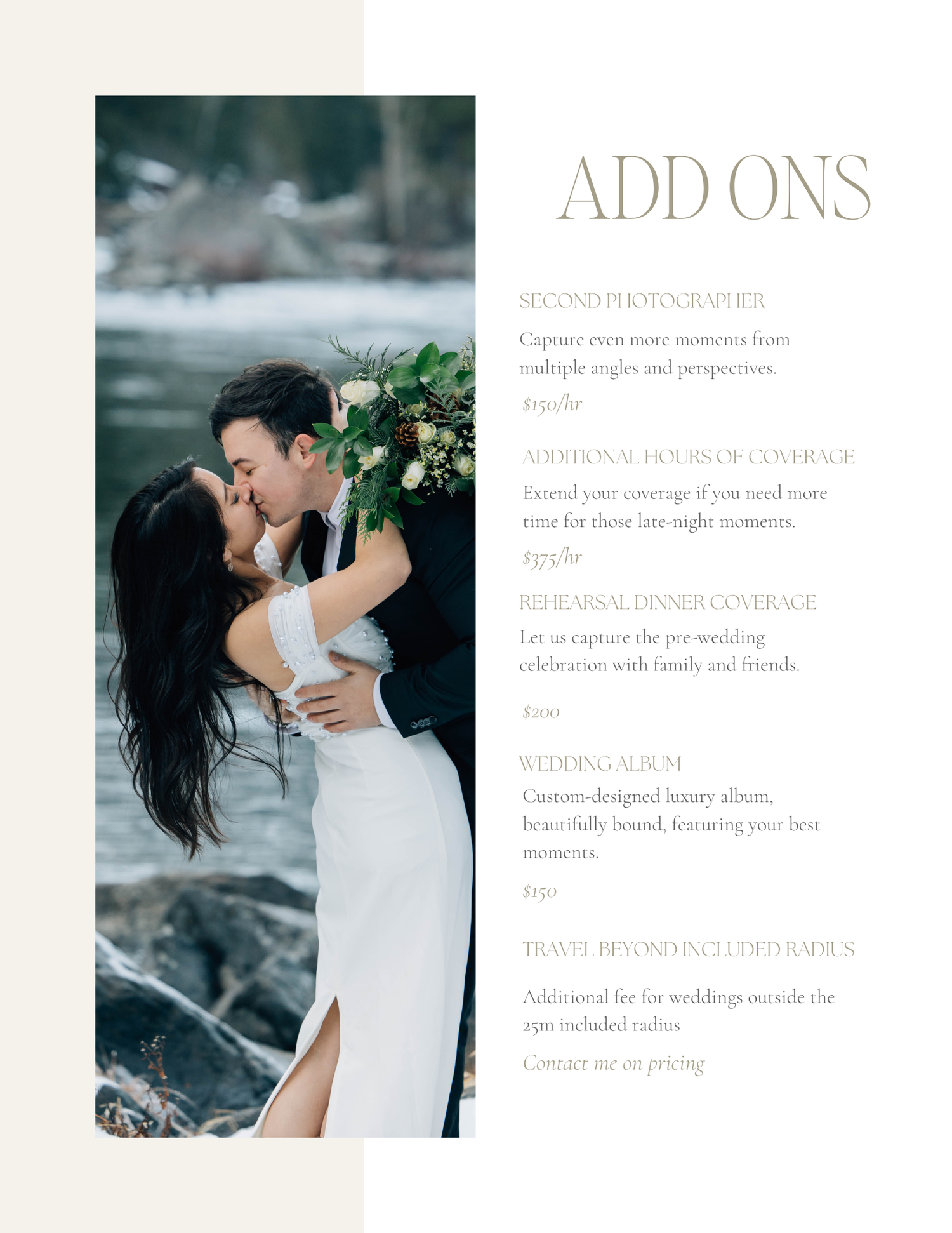 A couple shares a romantic kiss outdoors, with the bride holding a floral bouquet, next to a wedding photography add-ons price list.