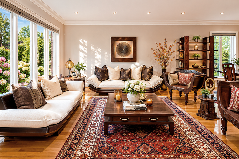 Elegant living room with white sofas, Persian rug, wooden coffee table, and large windows overlooking a lush garden.