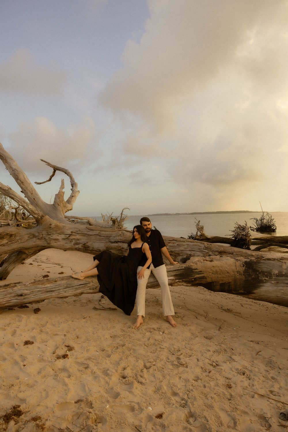 Couple embracing near driftwood on a sandy beach at golden hour with calm water in the background.