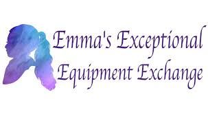 Emma's Exceptional Equipment Exchange logo featuring a watercolor butterfly silhouette in purple and blue tones.