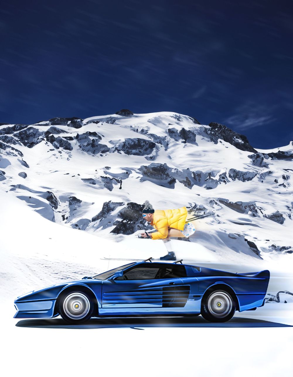 Dramatic action photo of a blue sports car with flames in a snowy winter landscape, automotive photography