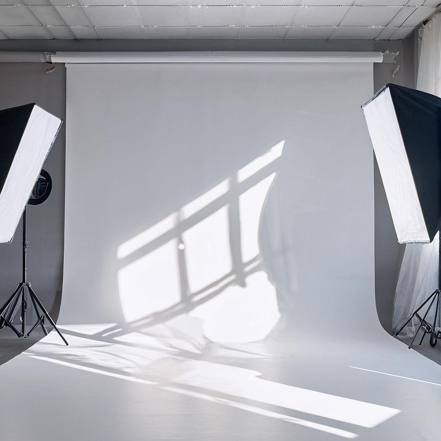 Professional white photography studio backdrop with softbox lighting equipment casting geometric window shadows.