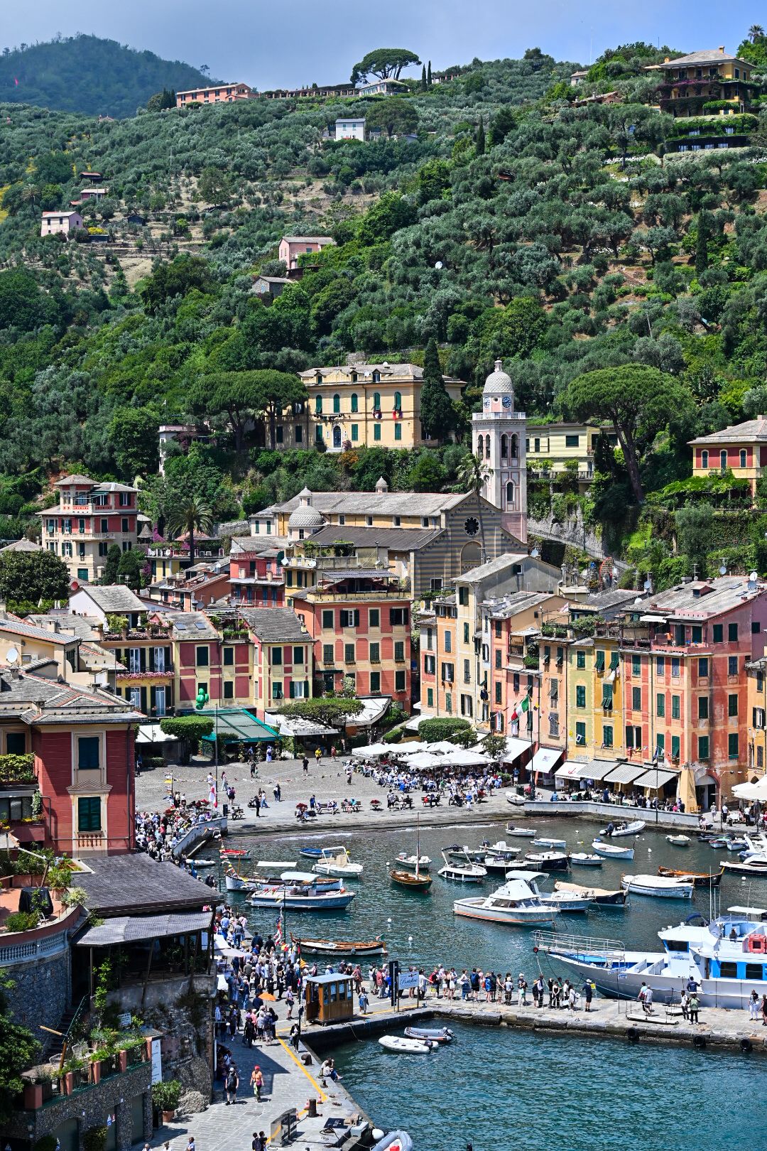 Panoramic view of colorful buildings and luxury yachts along the harbor in Portofino, Italy on a sunny day.