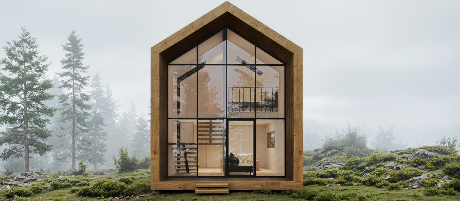Modern modular house exterior with glass panels and wood accents surrounded by green landscape.