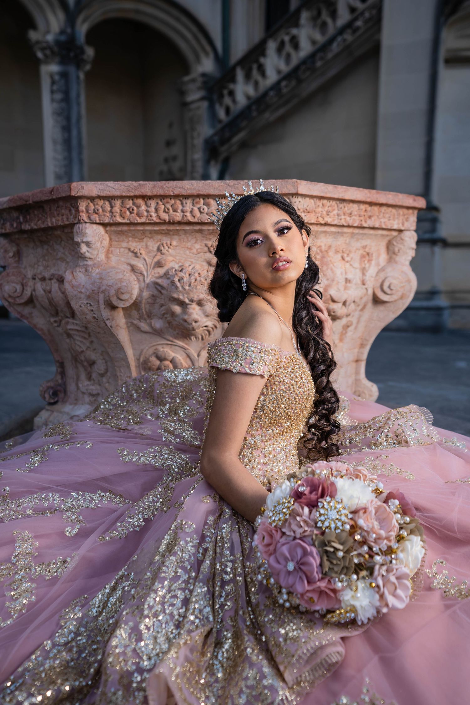 A series of photos showing a pink and gold quinceañera dress with intricate beading and embellishments against an ornate backdrop.