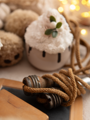 A rustic rope tied around a book and slate stones creating a cozy atmosphere with blurred golden lights in the background.