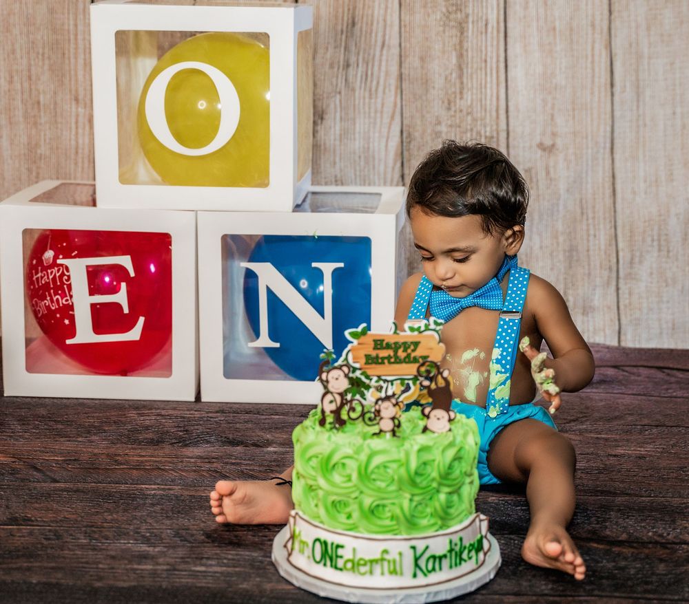 Series of birthday portraits with colorful letter blocks and cake on rustic wooden table setting.