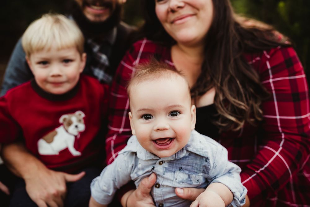A series of candid family portraits featuring people wearing red plaid shirts and casual clothing against a natural backdrop.