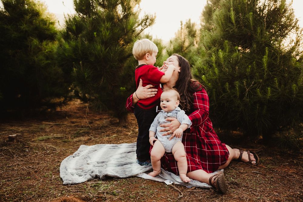 Family group enjoys relaxing together outdoors in a pine-lined setting wearing coordinated red plaid outfits.