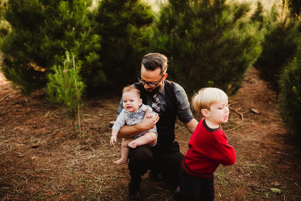 A sequence of candid family moments captured in a wooded outdoor setting during a photography session.