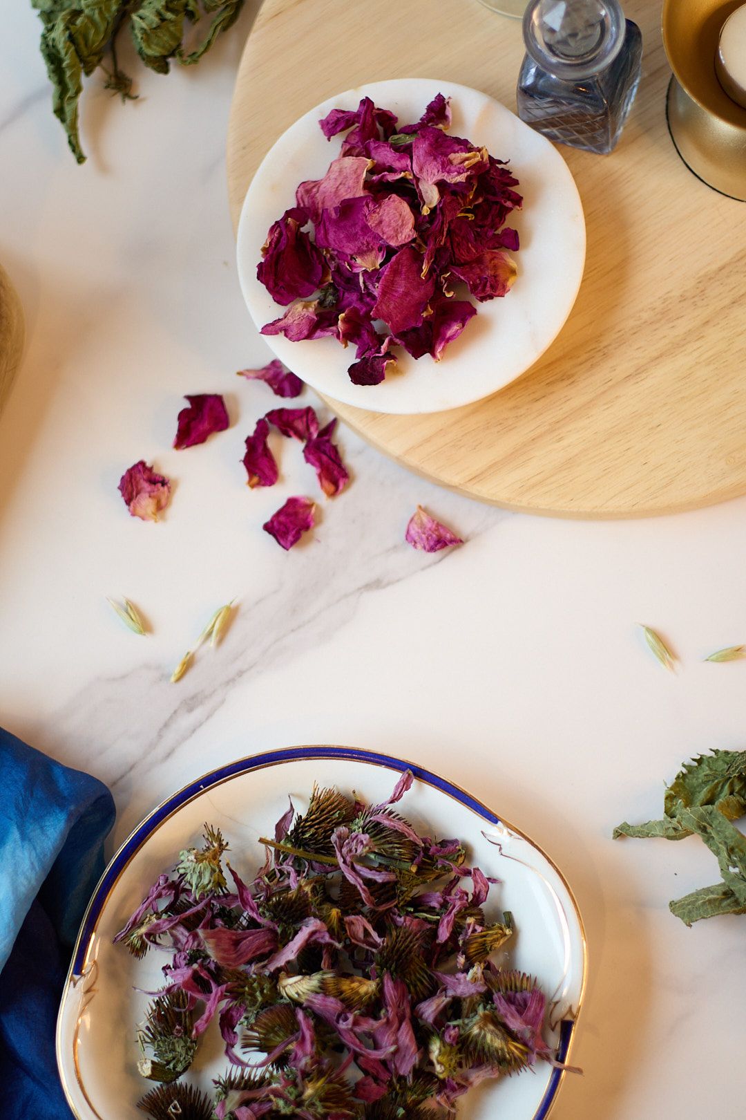 Herbal flat lay with rose petals and oats Brand Photography for local herbalist and plant dye specialist former doula and chef Illustrious H