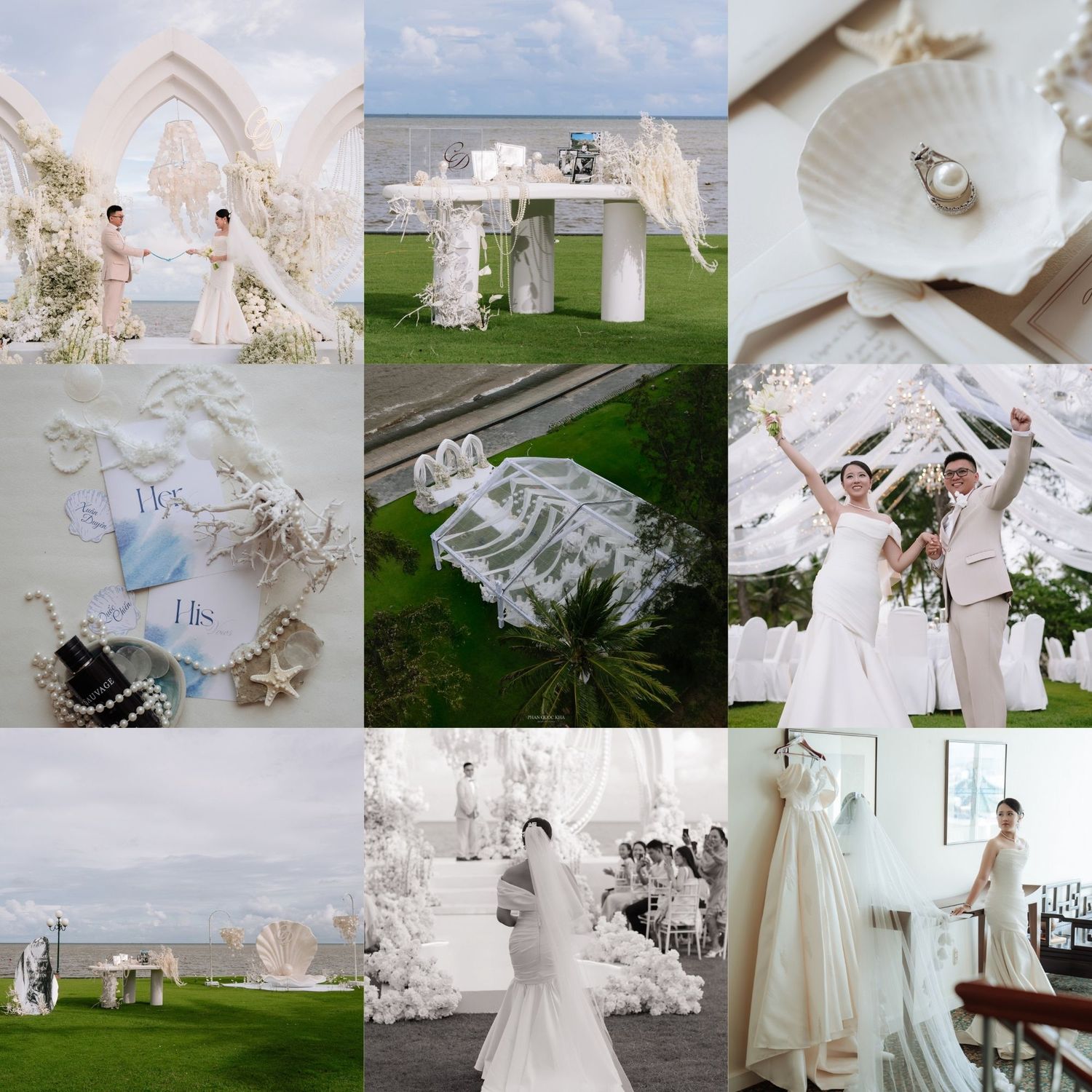 Collage of elegant all-white beach wedding details including floral arch, dress, and happy couple.