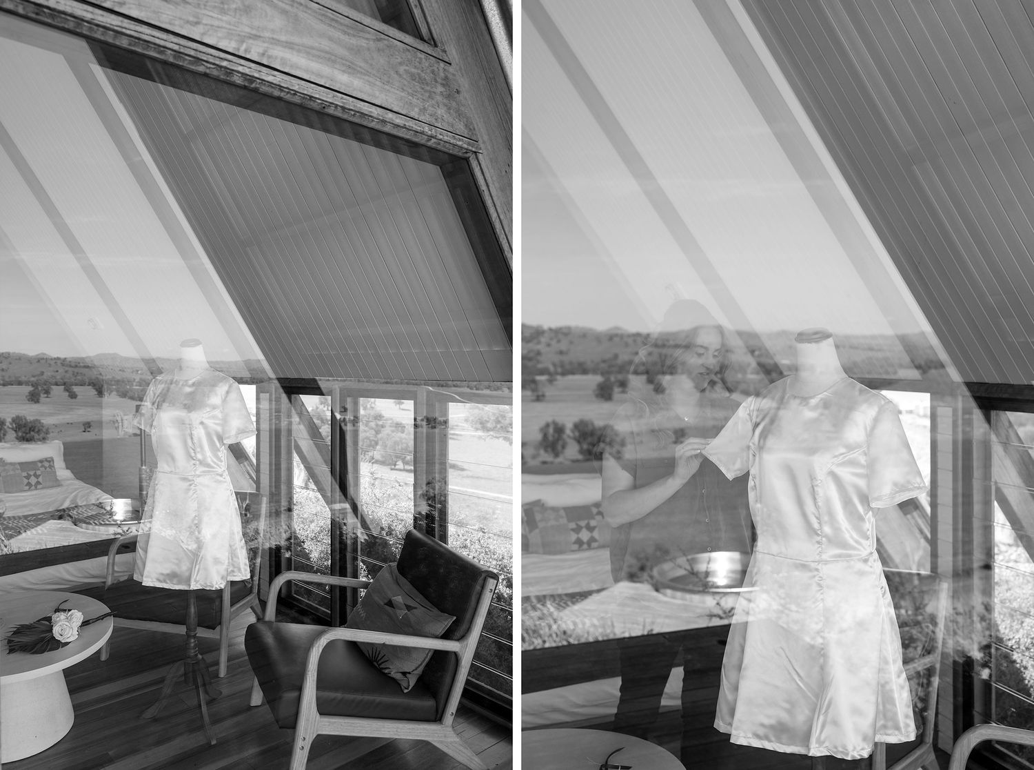 Looking through a glass window at a Brides wedding dress on a mannequin at Kimo Estate Gundagai during wedding preparations.