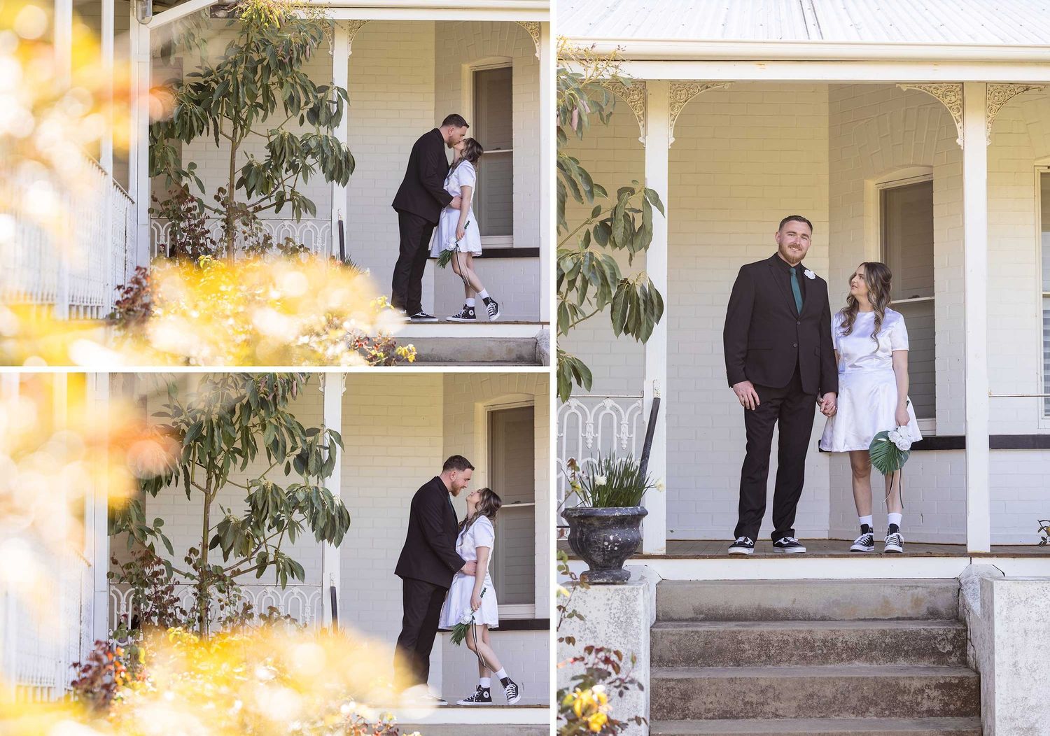 A bride and groom stand together on the porch steps of a classic homestead with white trim at Kimo Estate Gundagai.
