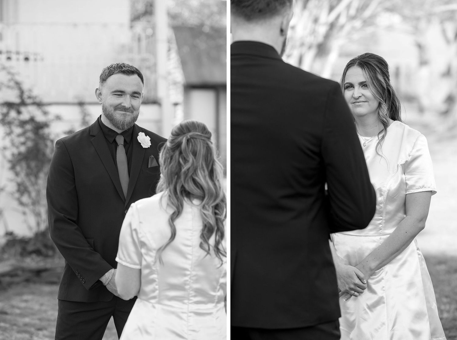 A black and white image of a  Bride and Groom sharing a moment together during their vows in their outdoor wedding ceremony at Kimo Estate.