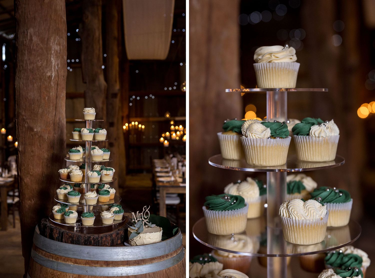 Wedding cupcakes and desserts displayed on rustic wooden barrels at reception venue at Kimo Estate in Gundagai.