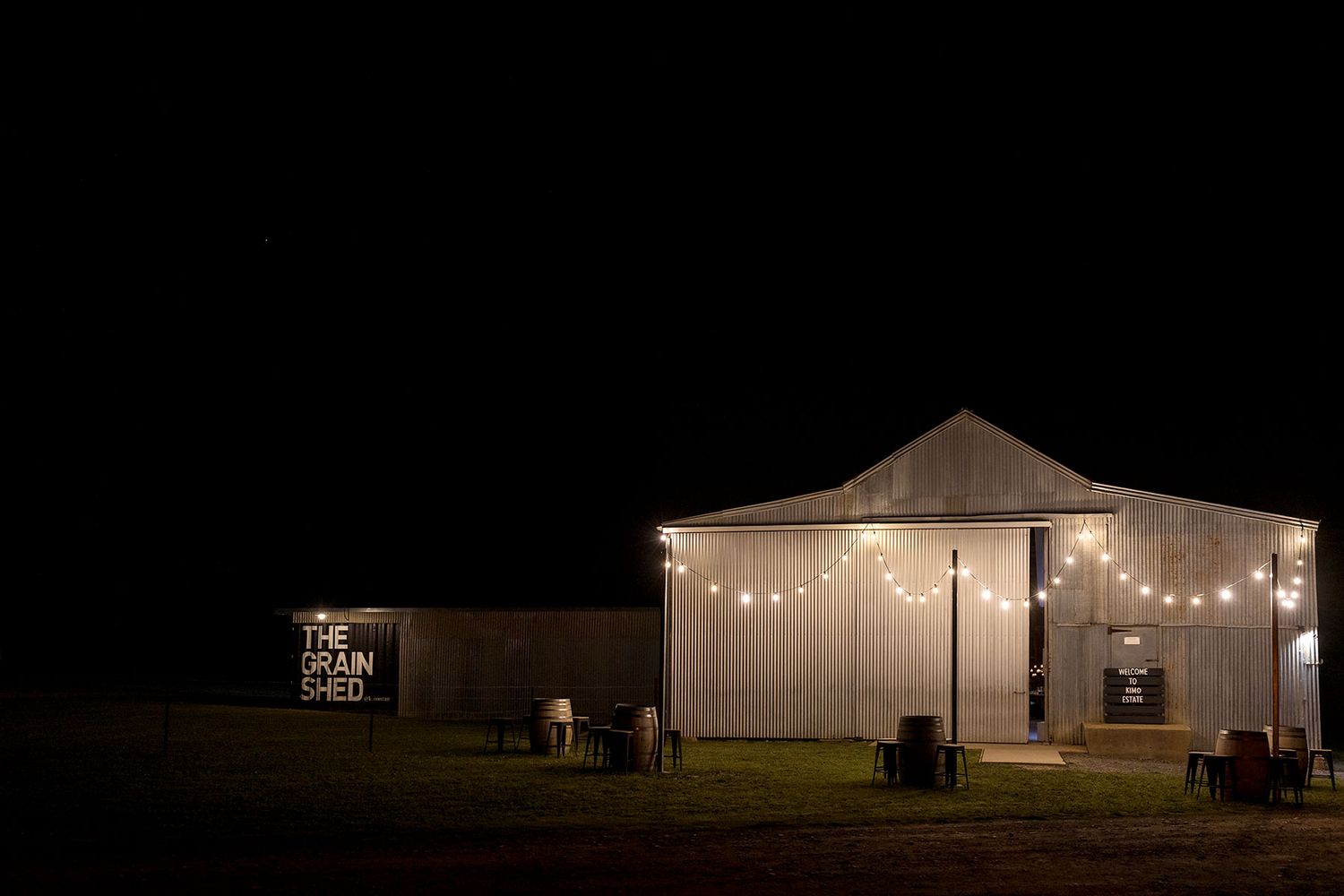 The Grain Shed wedding reception venue at night at Kimo Estate in Gundagai NSW.