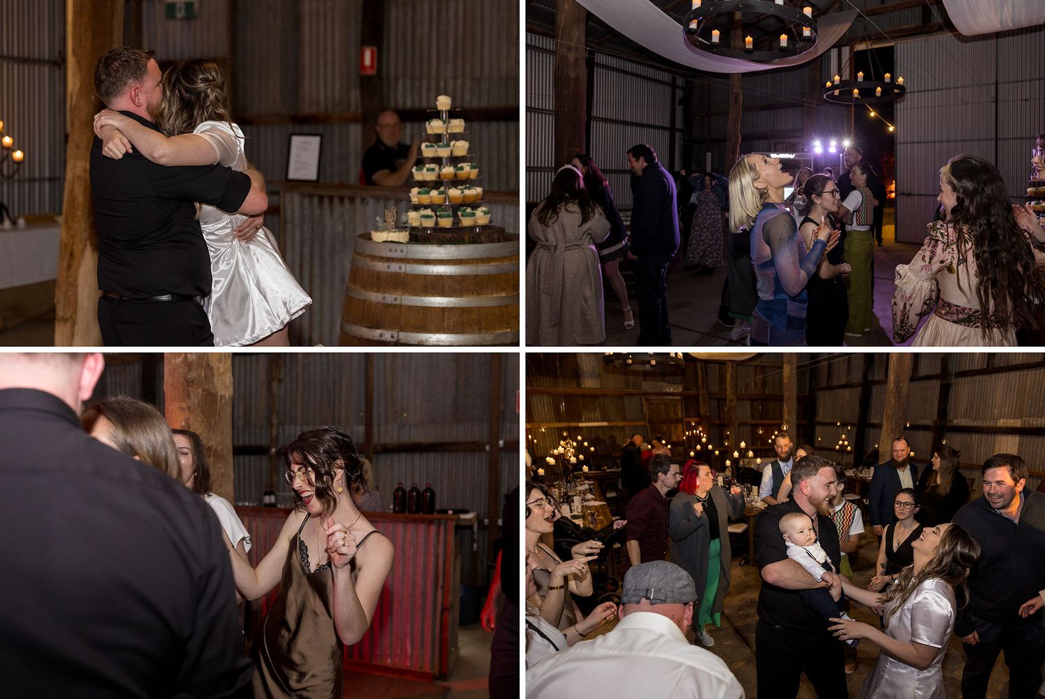 Candid moments at a rustic wedding reception show couples dancing and guests mingling in a cozy barn venue at Kimo Estate.