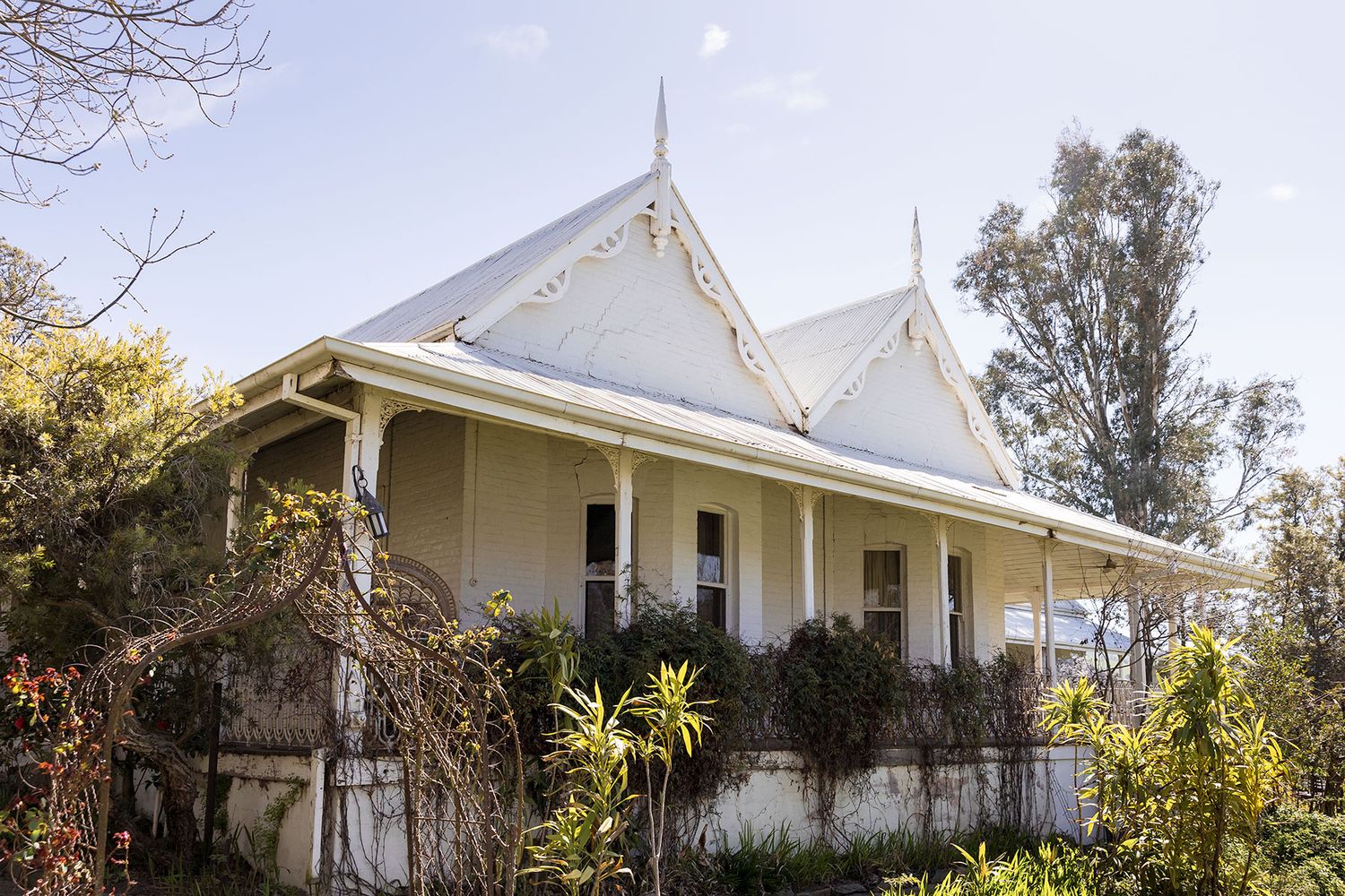 White heritage-style verandah house with decorative trim and metal roof surrounded by lush garden landscaping and trees at Kimo Estate.