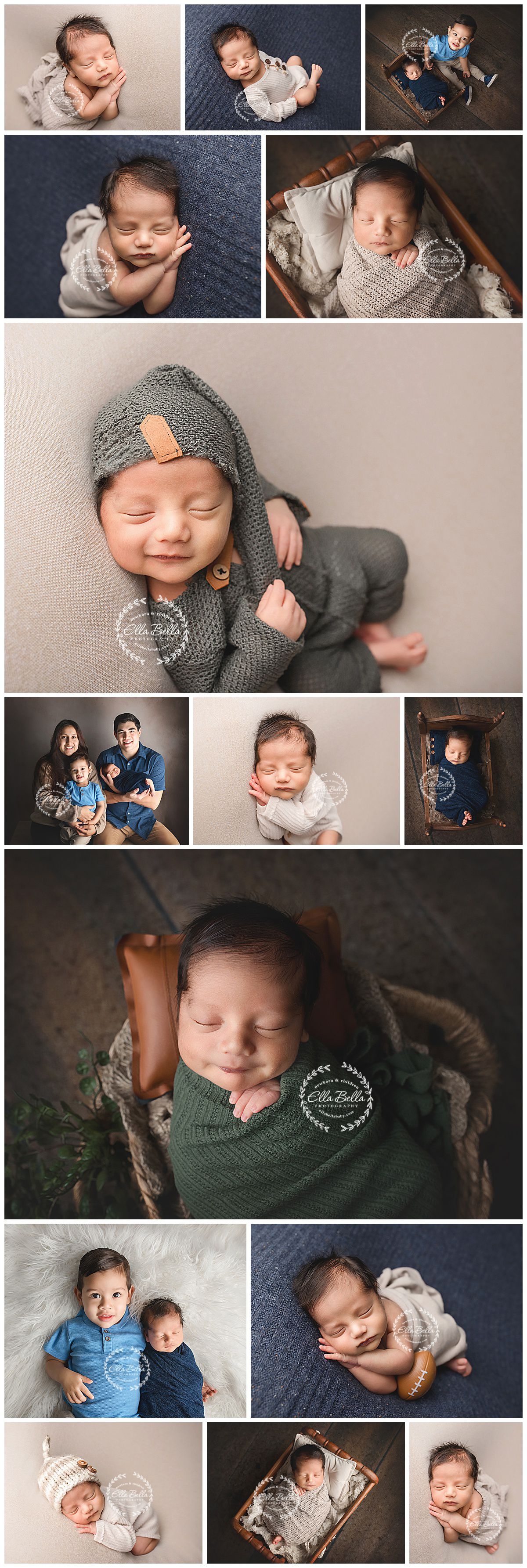 Newborn photography collage featuring soft blankets and gentle poses in neutral colors and cozy knit accessories.