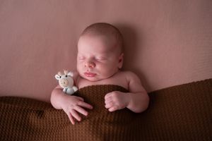 A collection of artistic newborn baby photography poses on a brown backdrop.