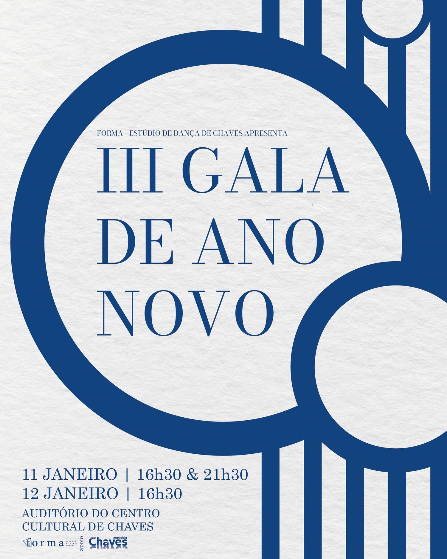 Minimalist blue and white typography banner design for a New Year's Gala event.