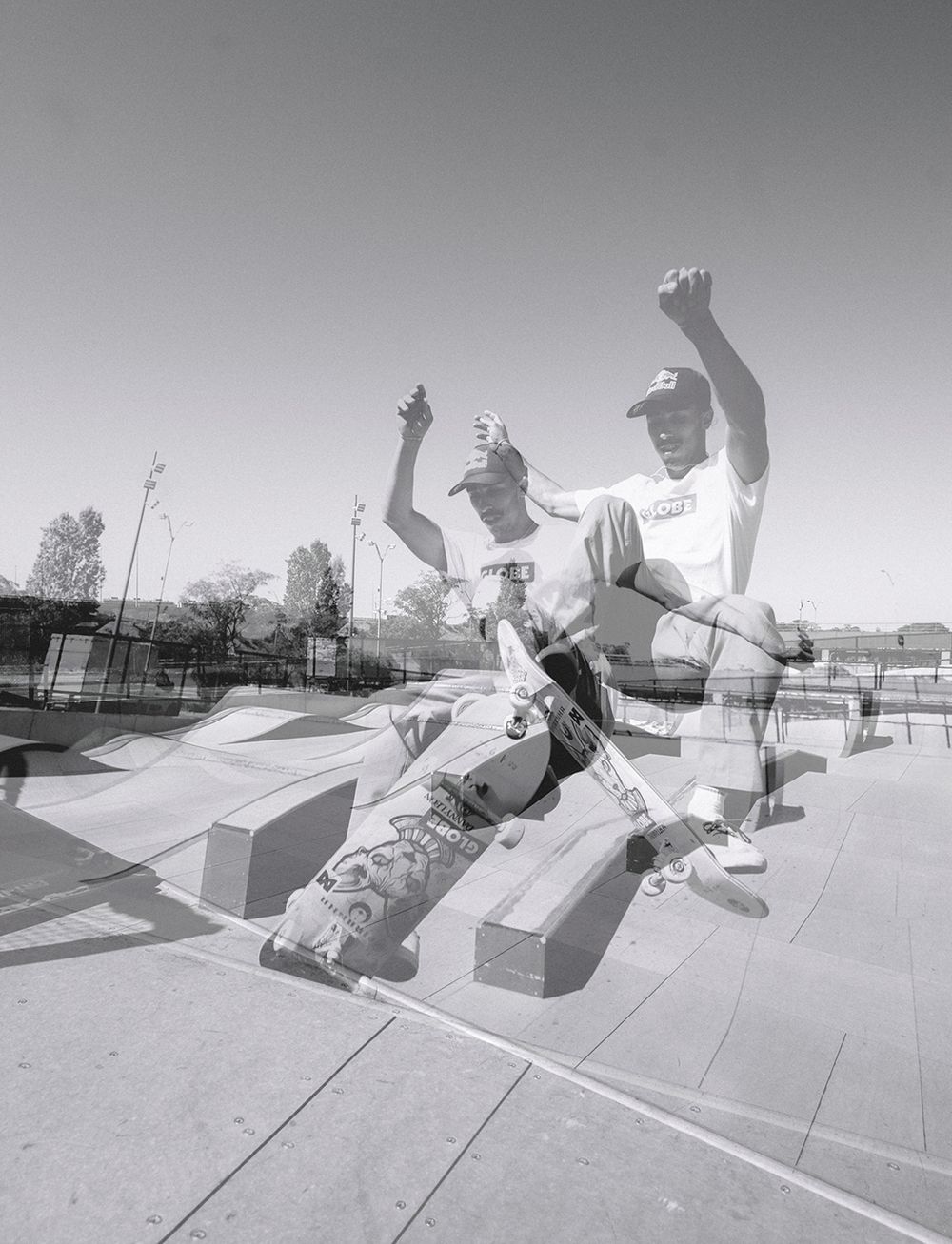 Skateboarders perform tricks and maneuvers at a concrete skate park shown in a series of black and white action shots.