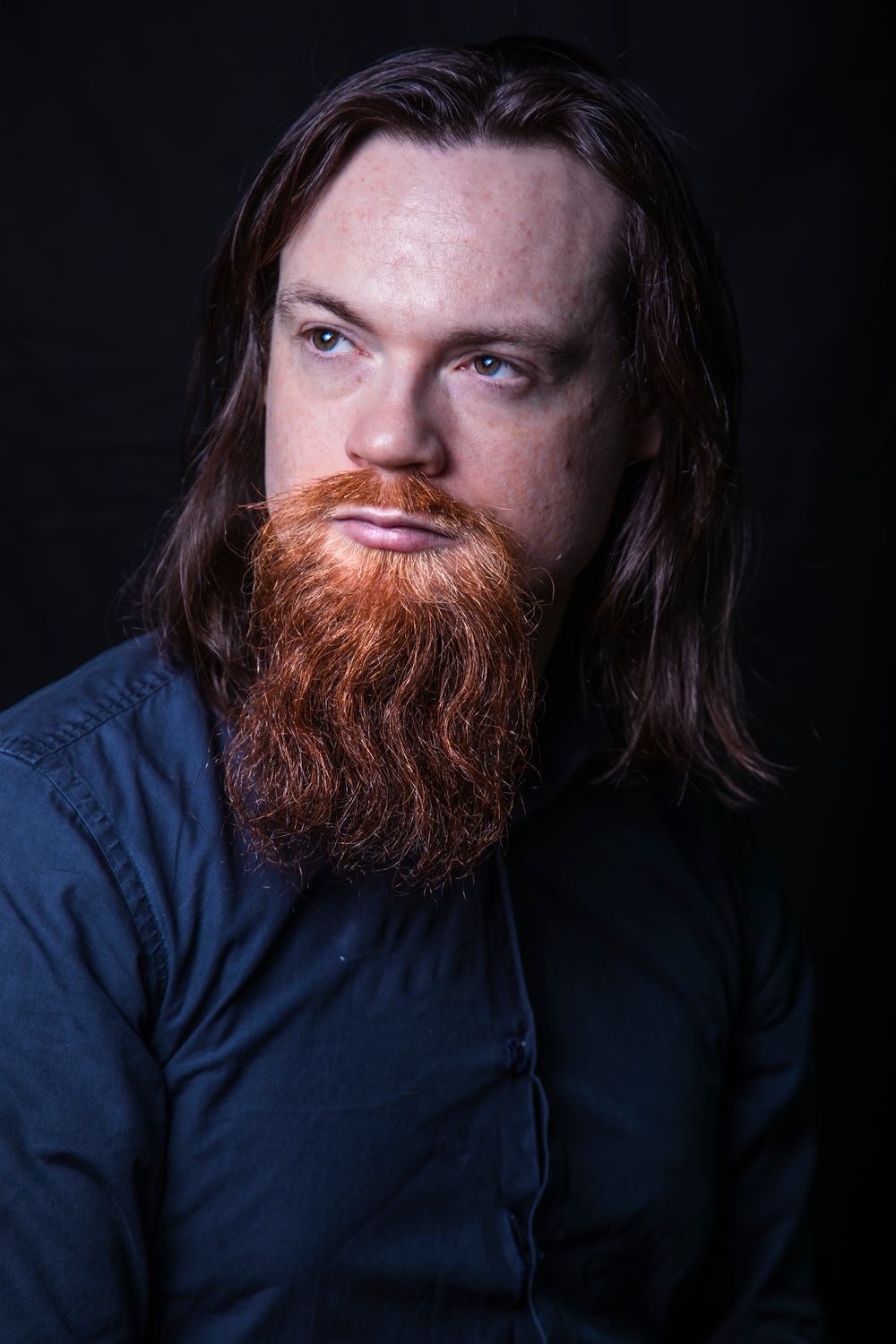 A dramatic portrait series of a person with a full red beard and long hair against a dark background.