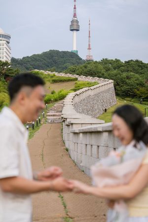 Romantic scene at Seoul Tower with stone wall path and green hillside.