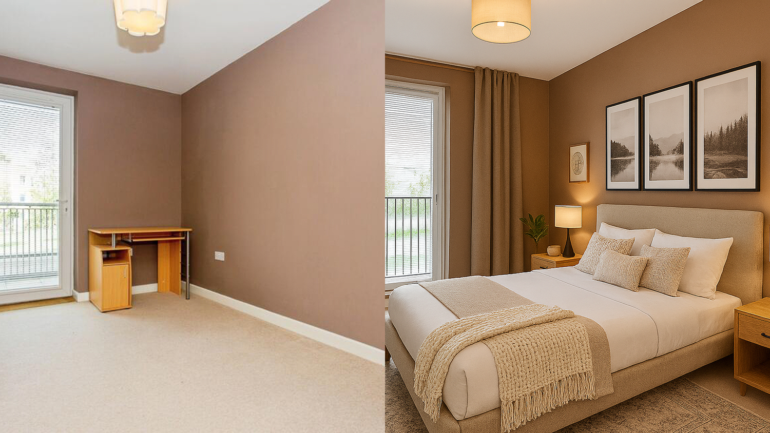 Modern bedroom with tan walls, white bedding, and large window featuring neutral decor and artwork above the bed.