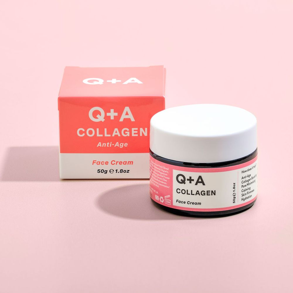 Pink Q+A Collagen anti-aging face cream jar and packaging on pastel background.