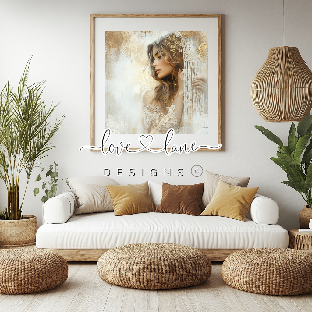 Modern living room interior with boho decor, woven poufs, and framed artwork.