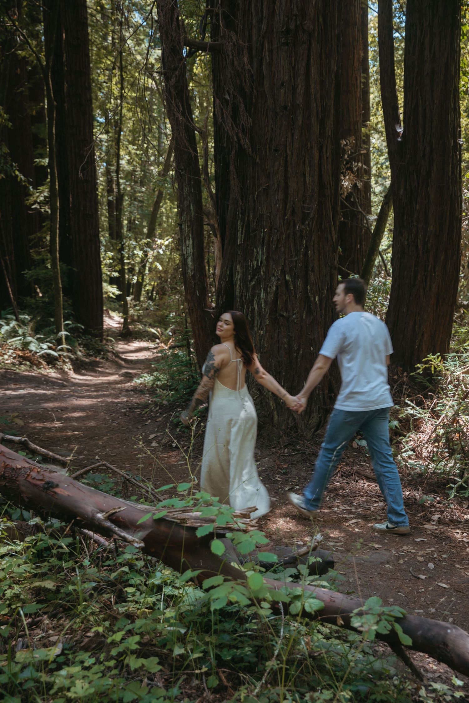 A couple holding hands while walking through a majestic redwood forest.
