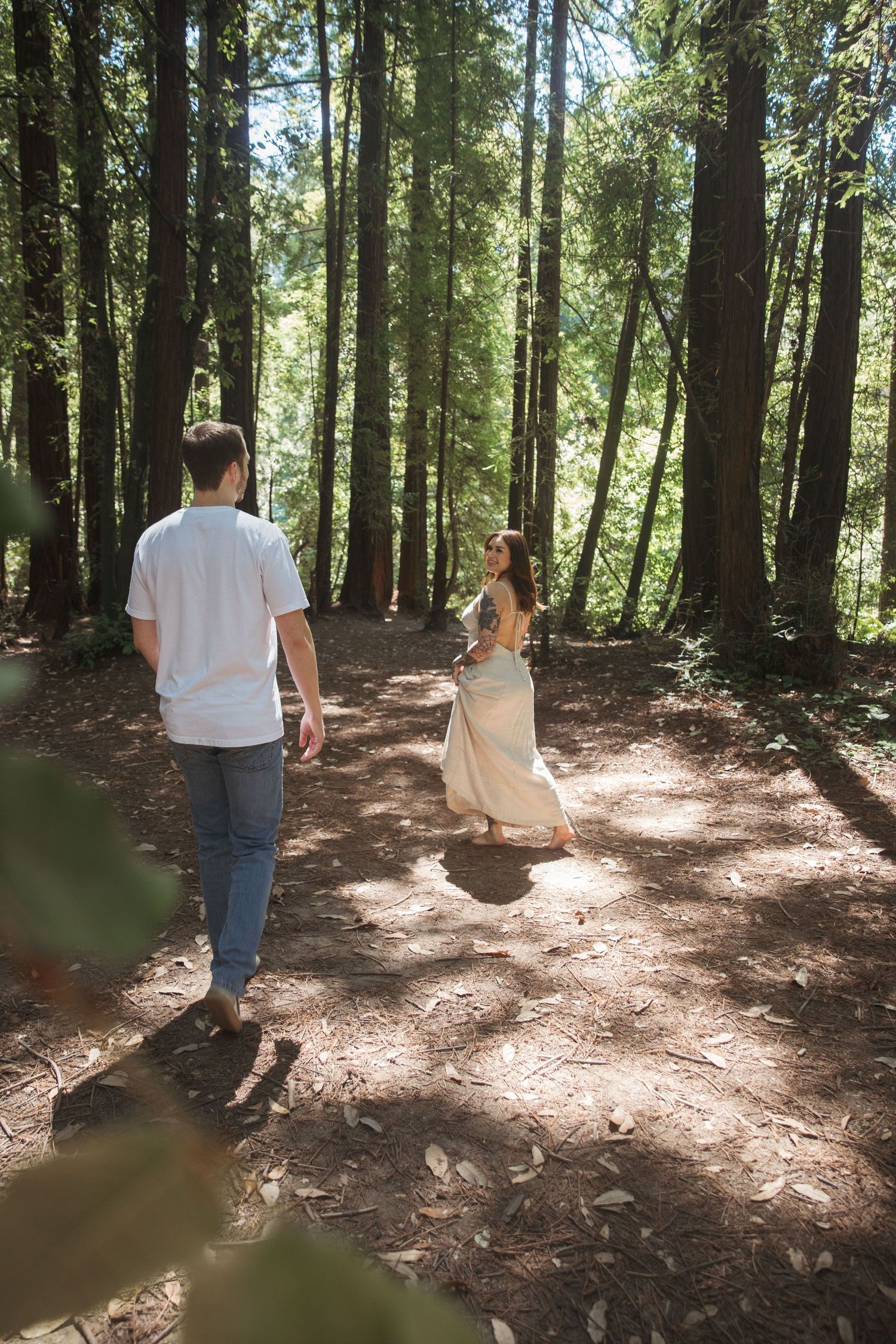 A couple walks along a sunlit forest trail surrounded by tall trees.