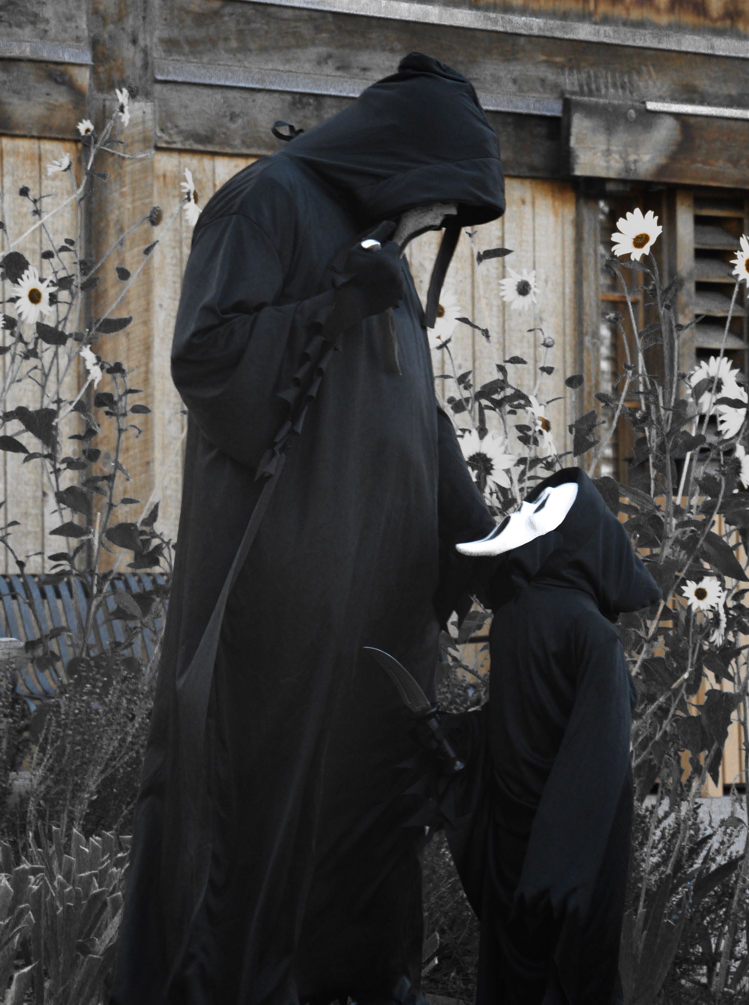 Two figures in dark Ghostface costumes stand among white flowers against a weathered wooden backdrop.
