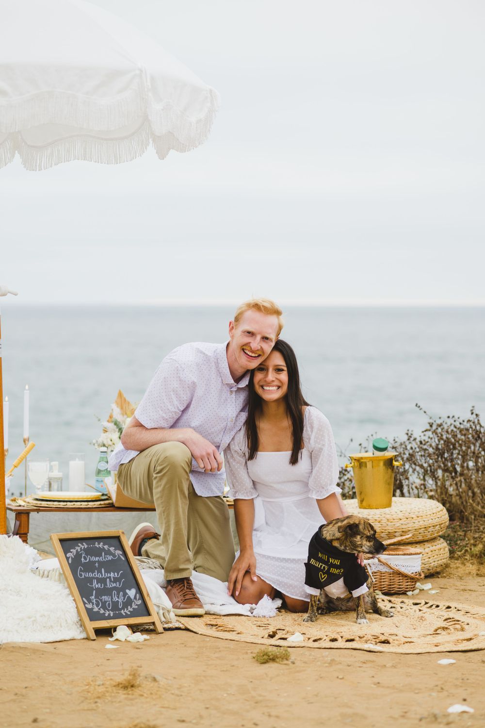 At Sunset Cliffs, San Diego, a couple has their surprise engagement proposal with the help of their dog.