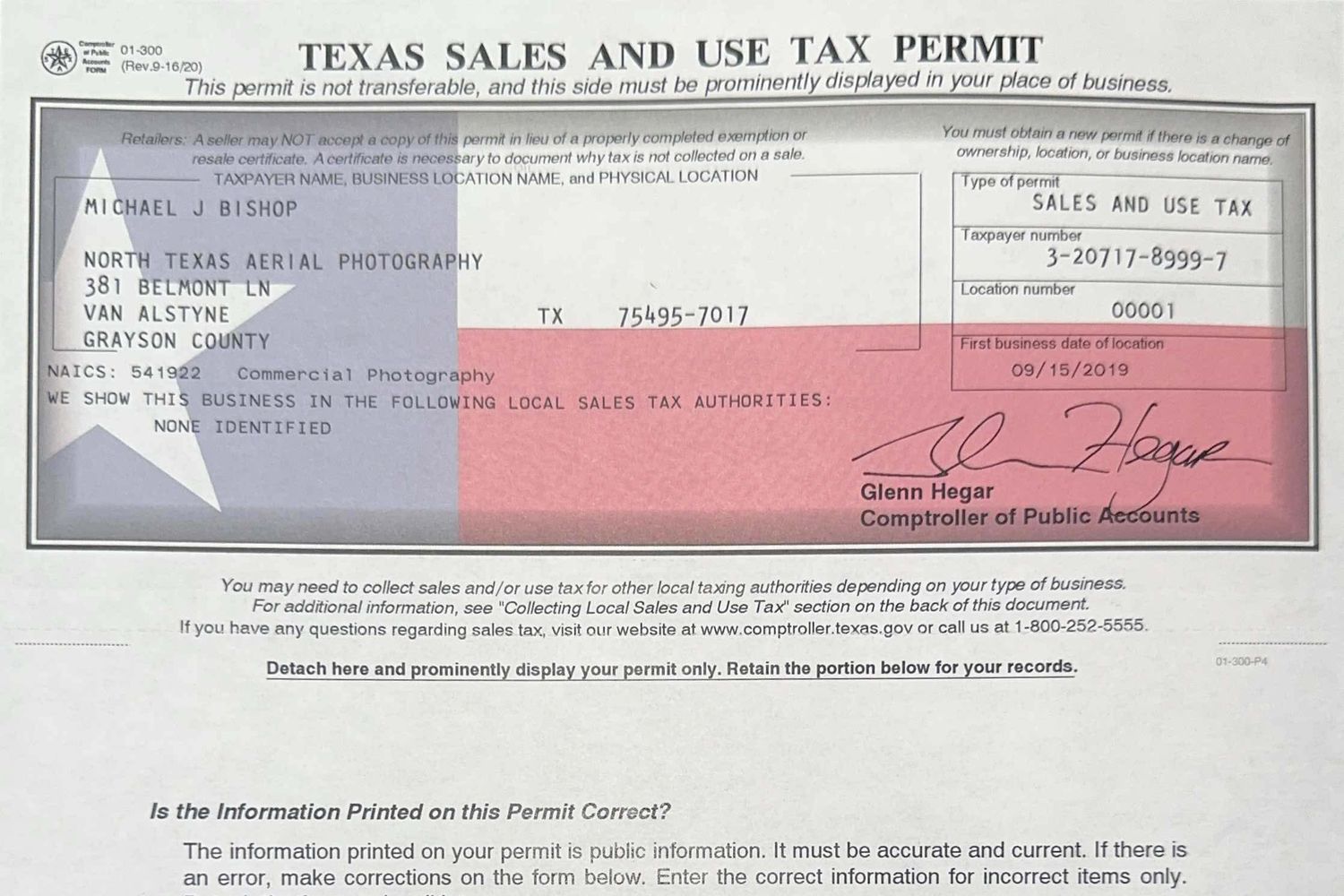 Official Texas sales and use tax permit document with redacted information.