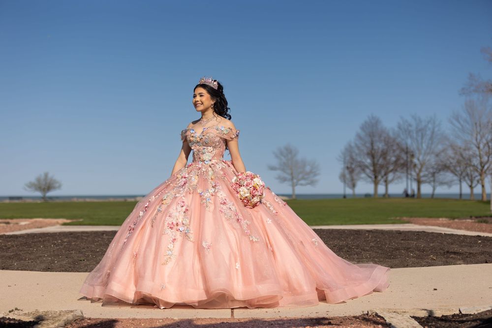 Wide-angle portrait of Quinceañera Anahí in a park. Professional Mis XV photography in Libertyville, IL by Alex T Photography.