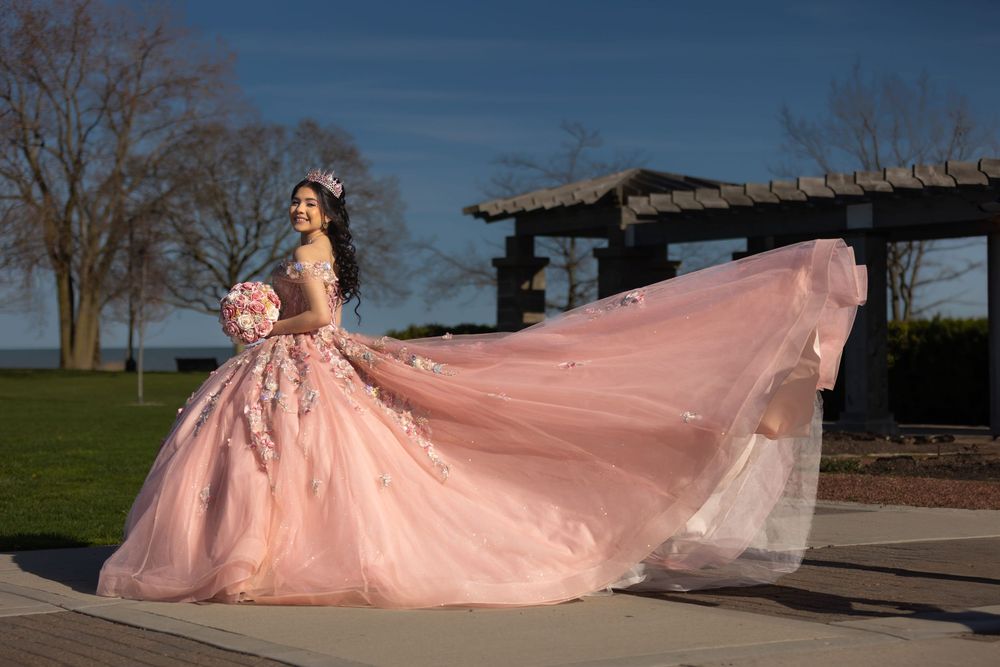 Wide-angle sunset portrait of  in her rose gold Quinceañera dress. Stunning lakefront XV photography in Libertyville by Alex T.