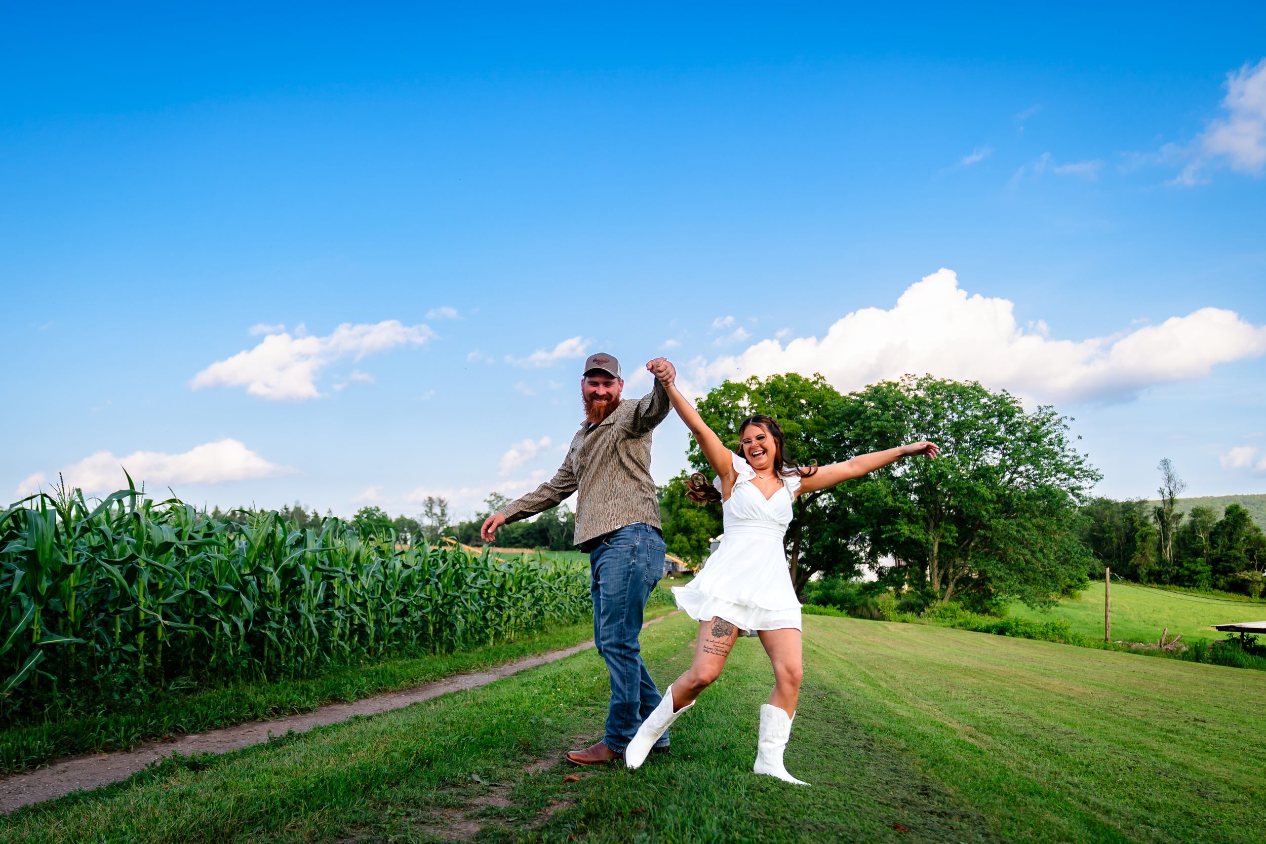 Panoramic countryside view with a dirt path between cornfields under bright blue skies.