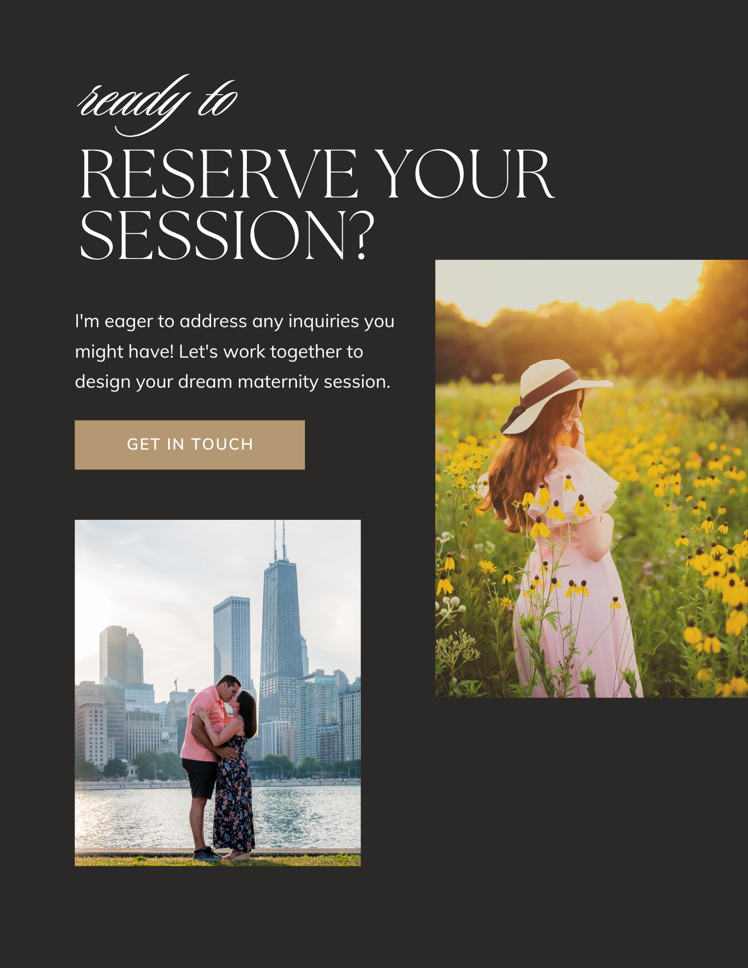 Photography website design mockup featuring session booking information and portfolio images.