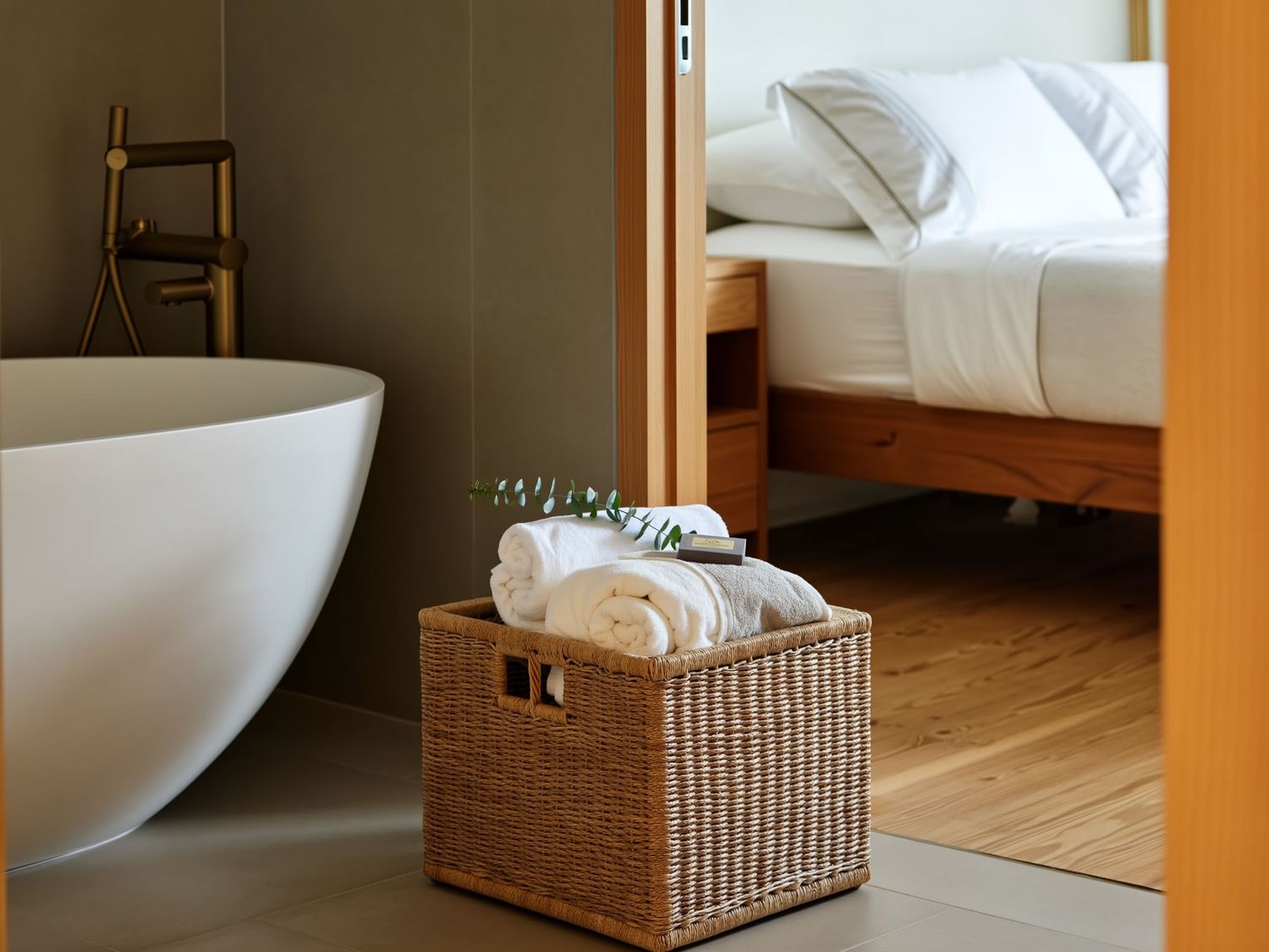 Modern bathroom with freestanding tub and wicker basket of folded towels next to a bedroom.