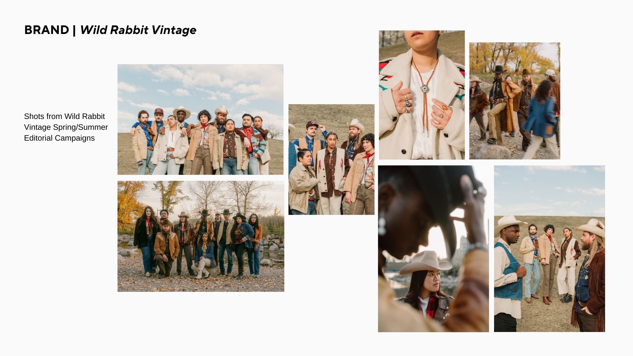 A group wearing boho style outfits poses together in a desert landscape at sunset, creating a warm and rustic scene.