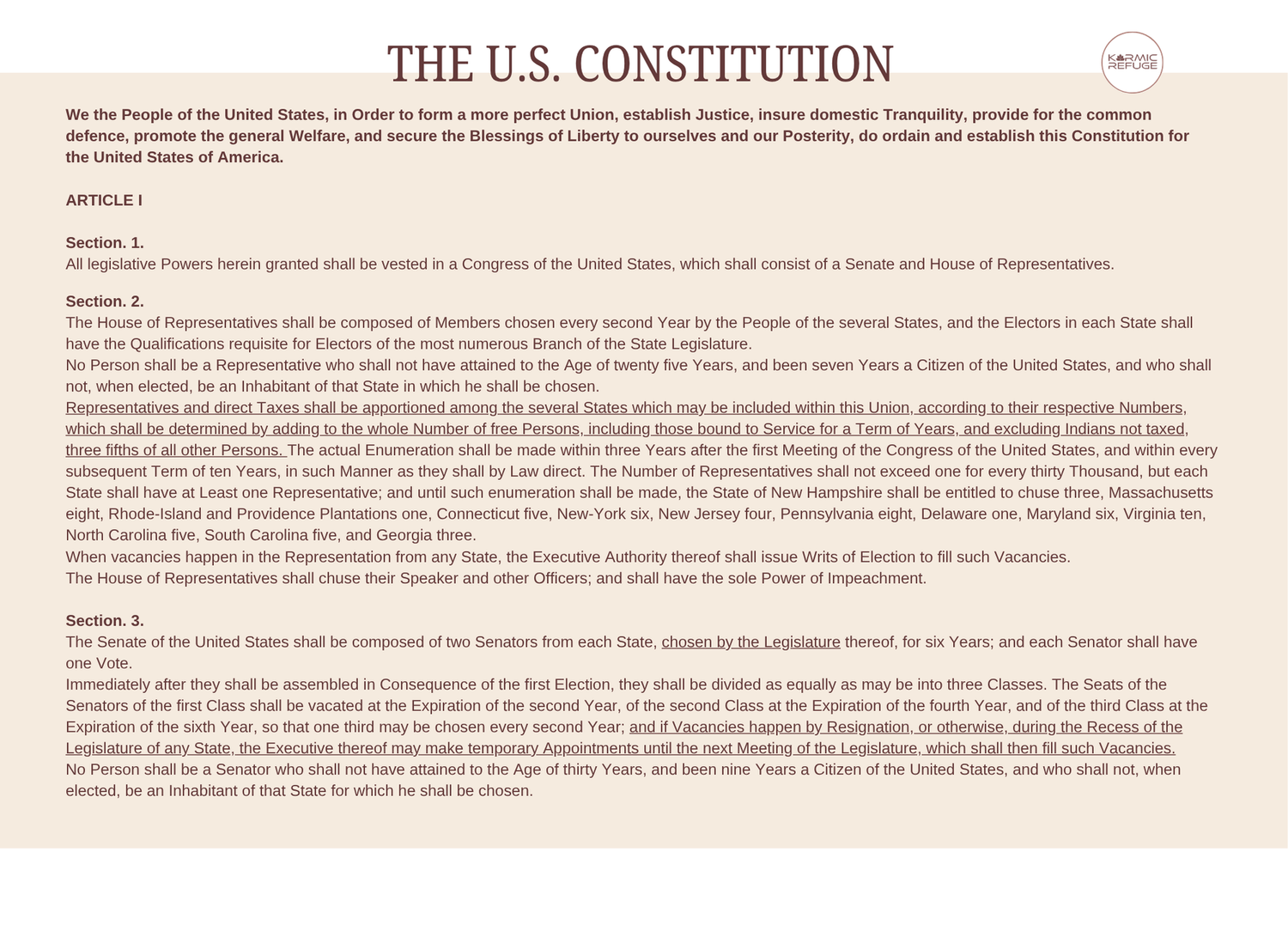 A portion of the United States Constitution document showing printed text on aged paper.