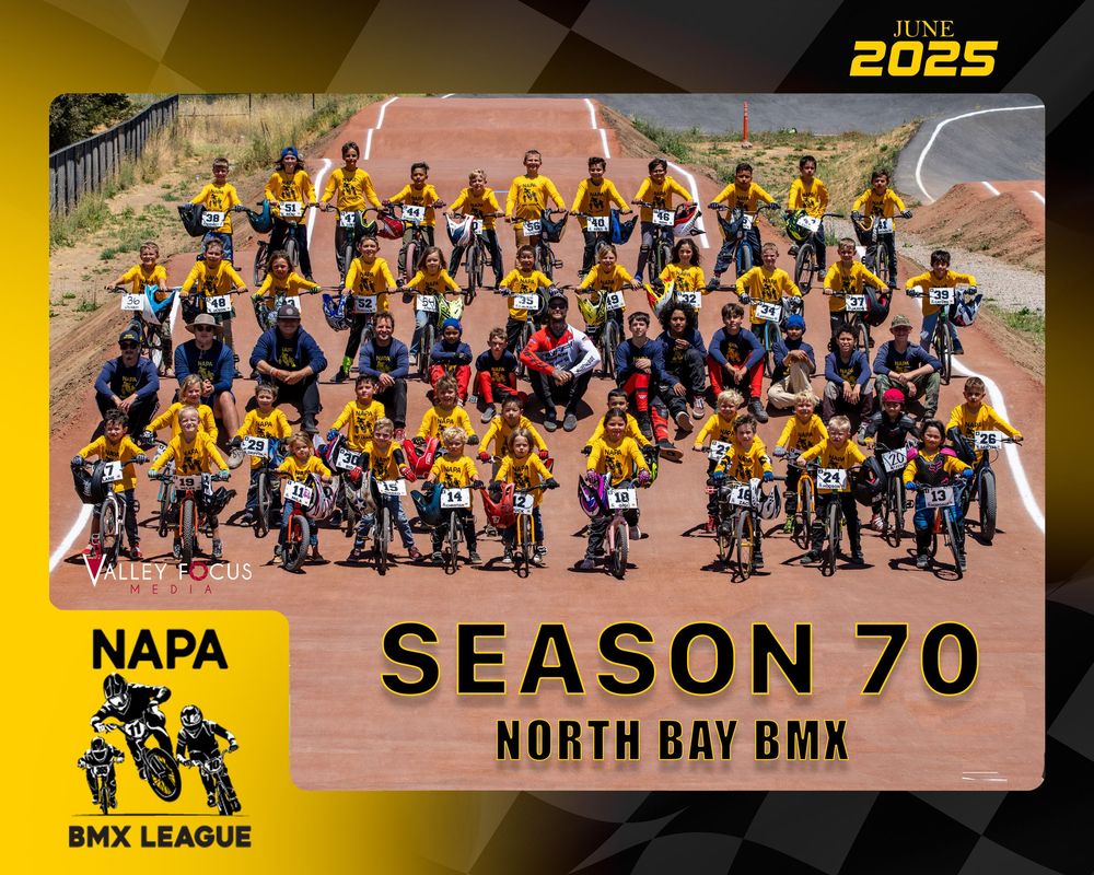 Team photo of North Bay BMX League Season 70 with riders in yellow and blue uniforms.