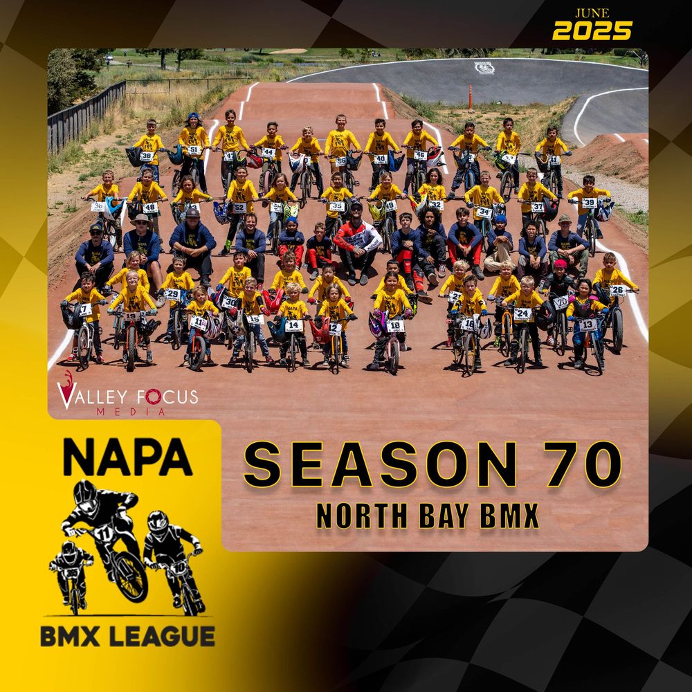 Large group photo of BMX riders in yellow and blue jerseys for NAPA Season 70 North Bay BMX League.