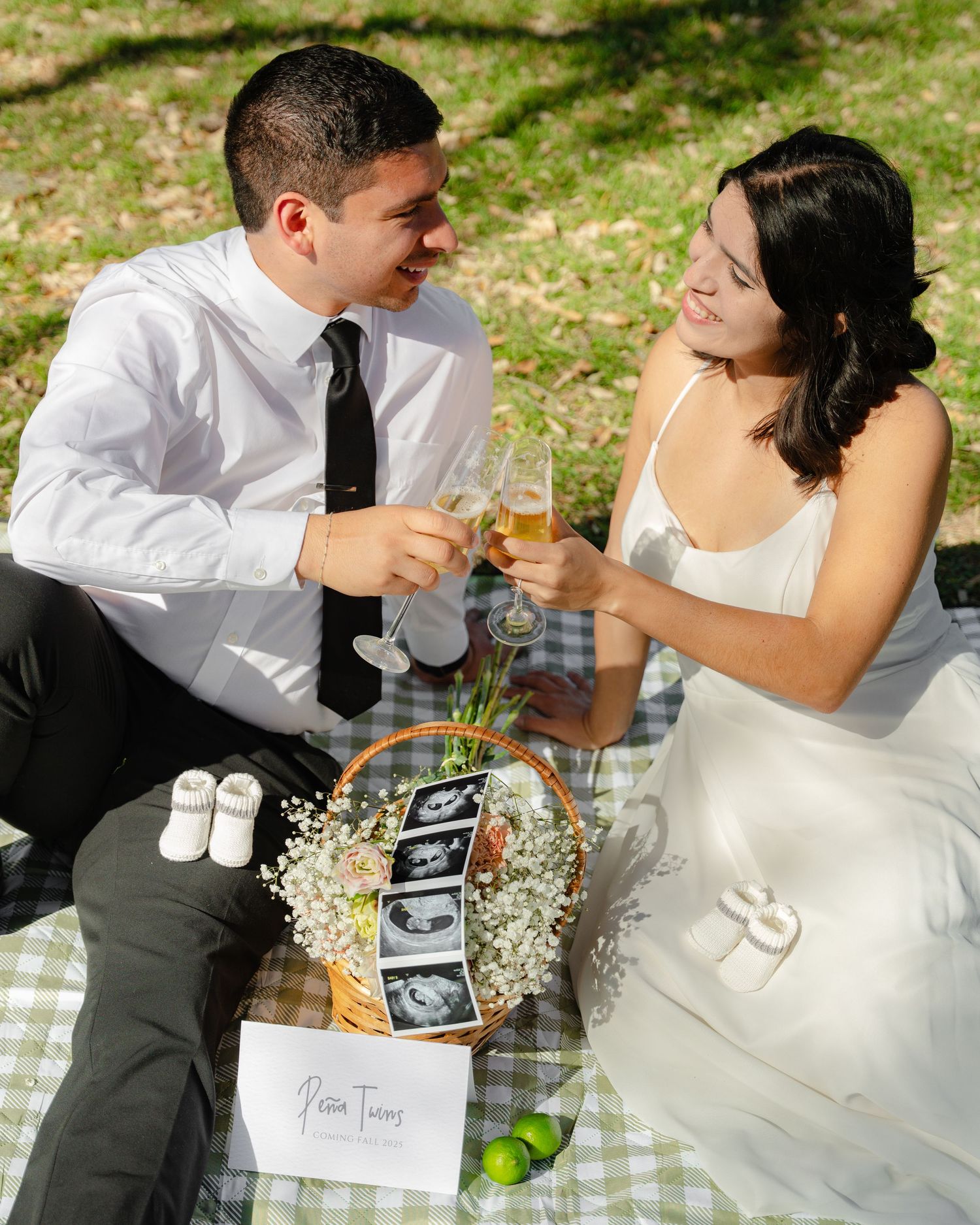 Romantic picnic scene with couple enjoying snacks alongside ultrasound photos and flowers.