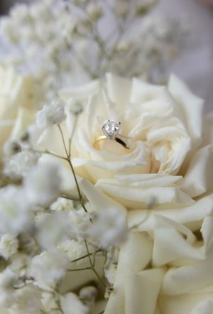 Close-up of white roses and baby's breath wedding flowers with delicate petals.