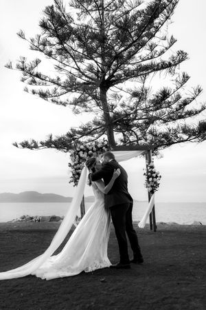 Wedding couple sharing intimate moments under large pine tree by ocean.